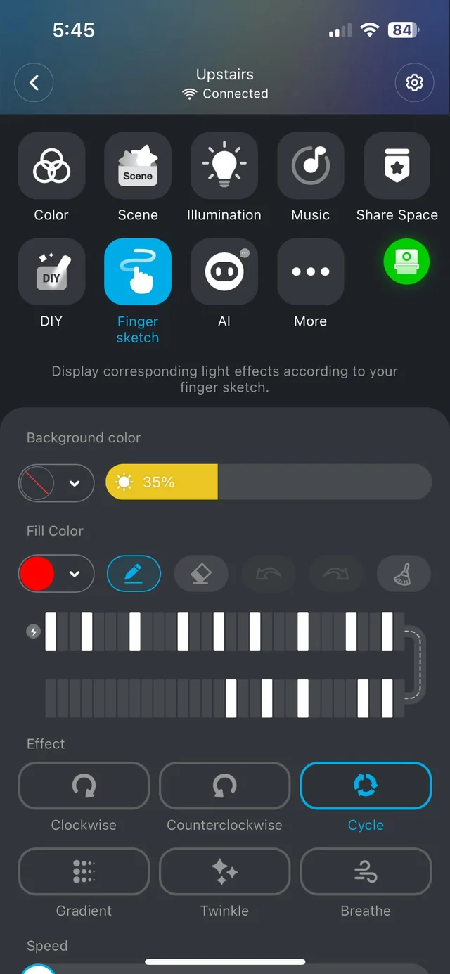 The GOVEE app on a phone, showing the controls for a run of permanent lights: colour, scenes, brightness and effects